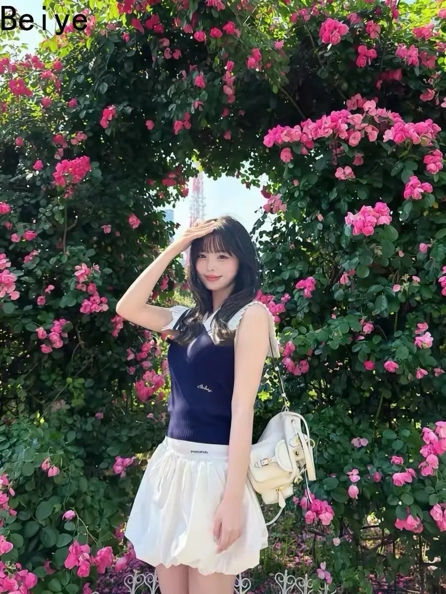 French college style contrasting colors pleated navy lapel knitted vest women slim elastic thin versatile short top summer