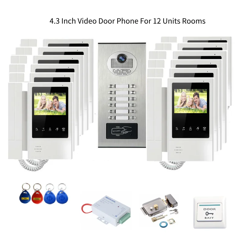 SmartYIBA 4.3'' Wired Video Intercom Systems For 12 Units Building Doorbell RFID Unlock Video Door Phone+Electic Lock Kits