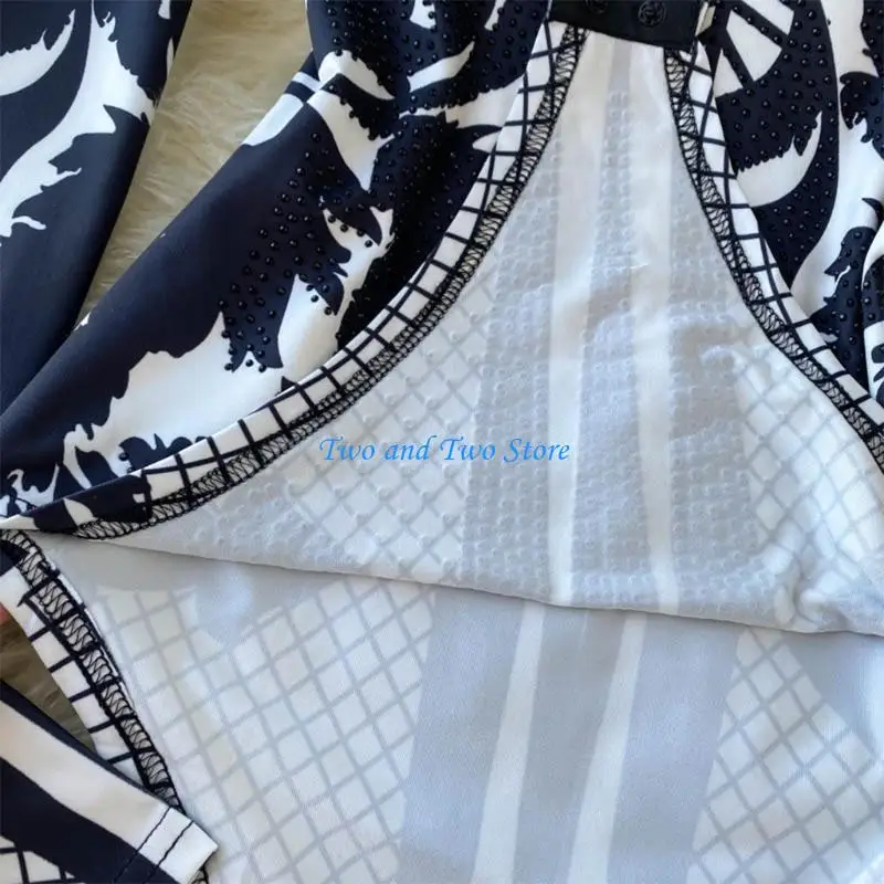 

HX6F Women Long Sleeve Stand Collar Bodysuit Elegant Vintage Floral Printed for Rhinestone Beaded Leotard Bodycon Romper