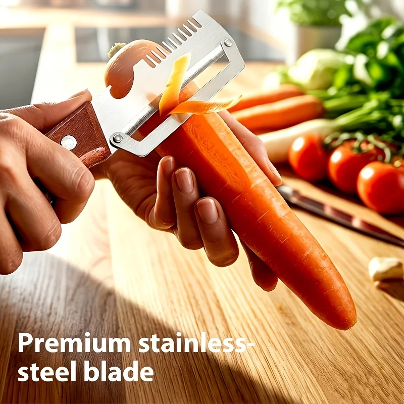 2 piece of heavy-duty stainless steel peeler and slicer with wooden handle and thickened blade design. Suitable for all kinds