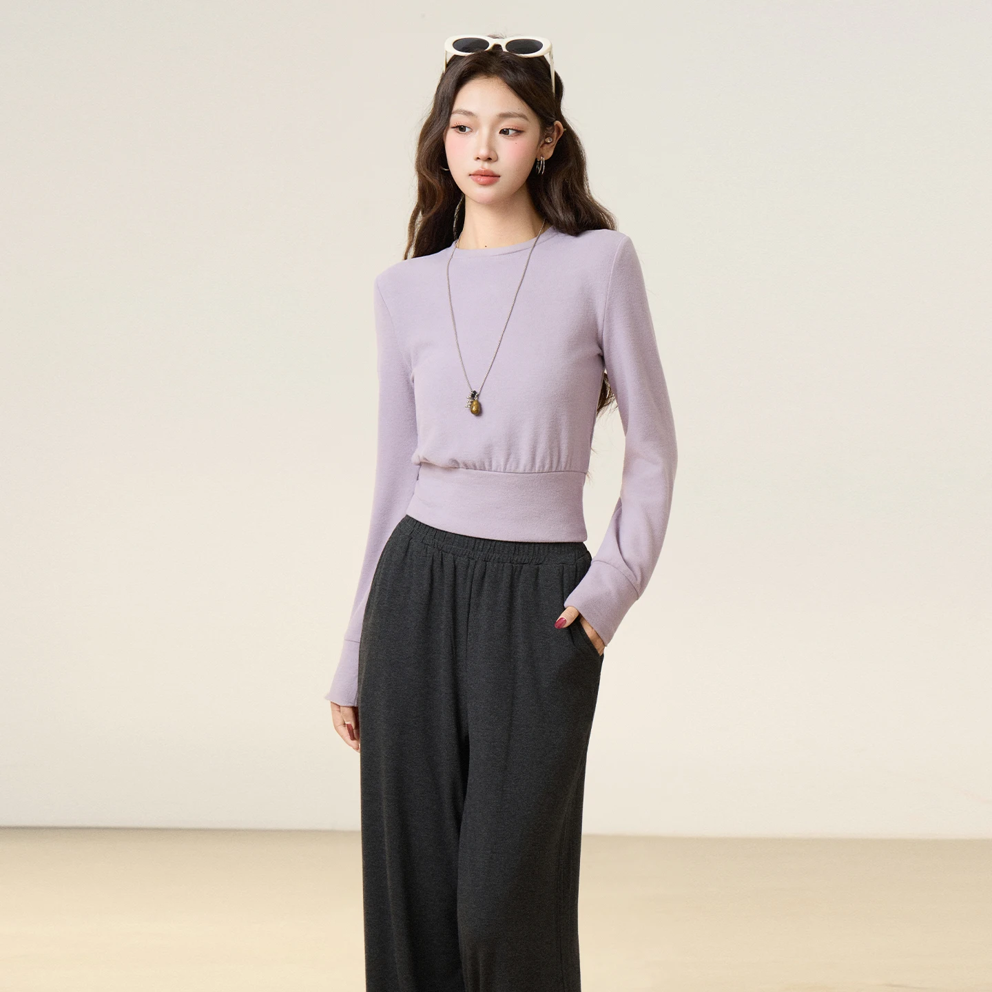 

Slim Long Sleeve Round Neck T-shirts 2026 New Product Ladies Stretch Tight Hem Casual Short Tops