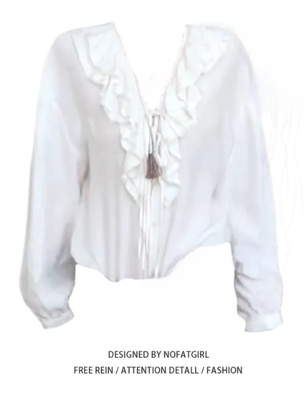 

Женская белая блузка больших размеров с V-образным вырезом и длинным рукавом, осень 2025, в корейском стиле, повседневная, удобная, дышащая, из полиэфирного волокна