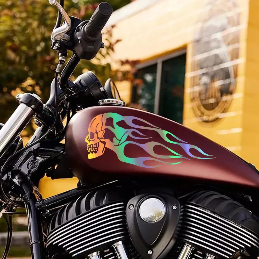 2PCS Motorcycle Oil Tank Stickers Creative Universal Motorbike Flame Skull Decals Tank Reflective Waterproof Decor Accessories