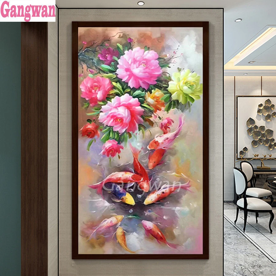 DIY Diamond Embroidery koi fish,Round Diamond Living room porch Chinese style pink peony Full Diamond painting cross stitch arts