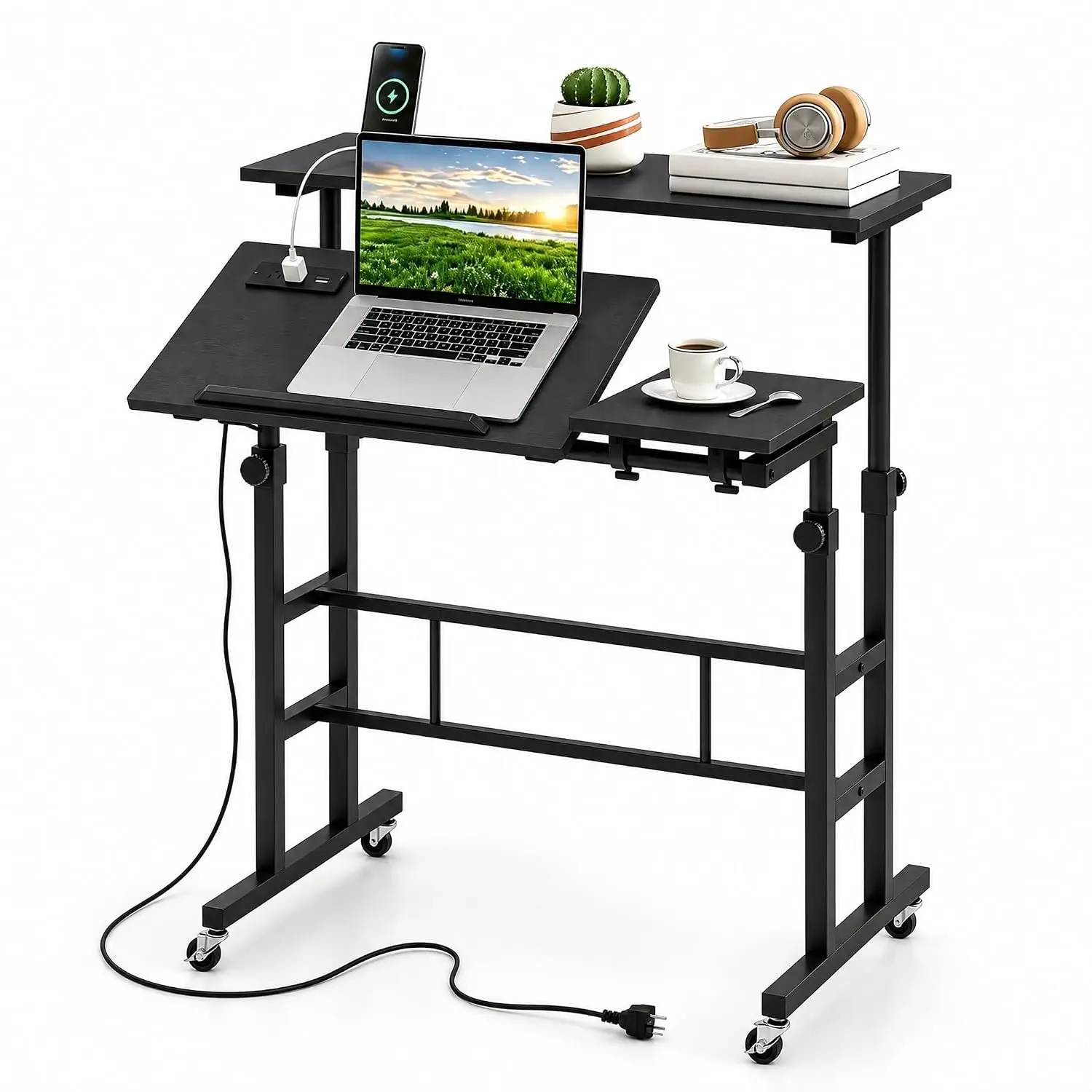 Height Adjustable Mobile Standing Desk with Power Outlets, Home Office Workstation, Rolling Laptop Table, Customized