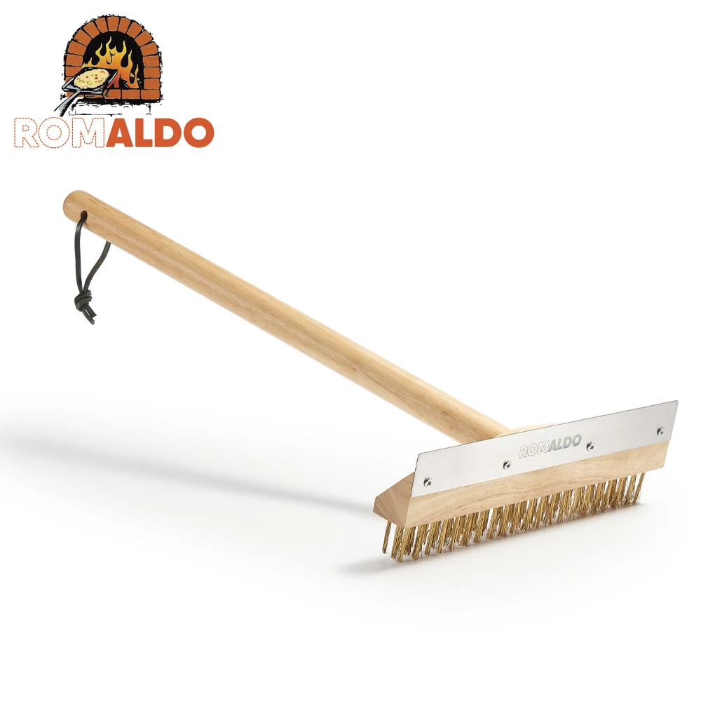 Cepillo para Horno de Pizza ROMALDO de 53cm/103cm con Cerdas de Latón y Raspador de Acero Inoxidable, Cepillo de Cobre con Mango de Madera para Accesorios de Horno