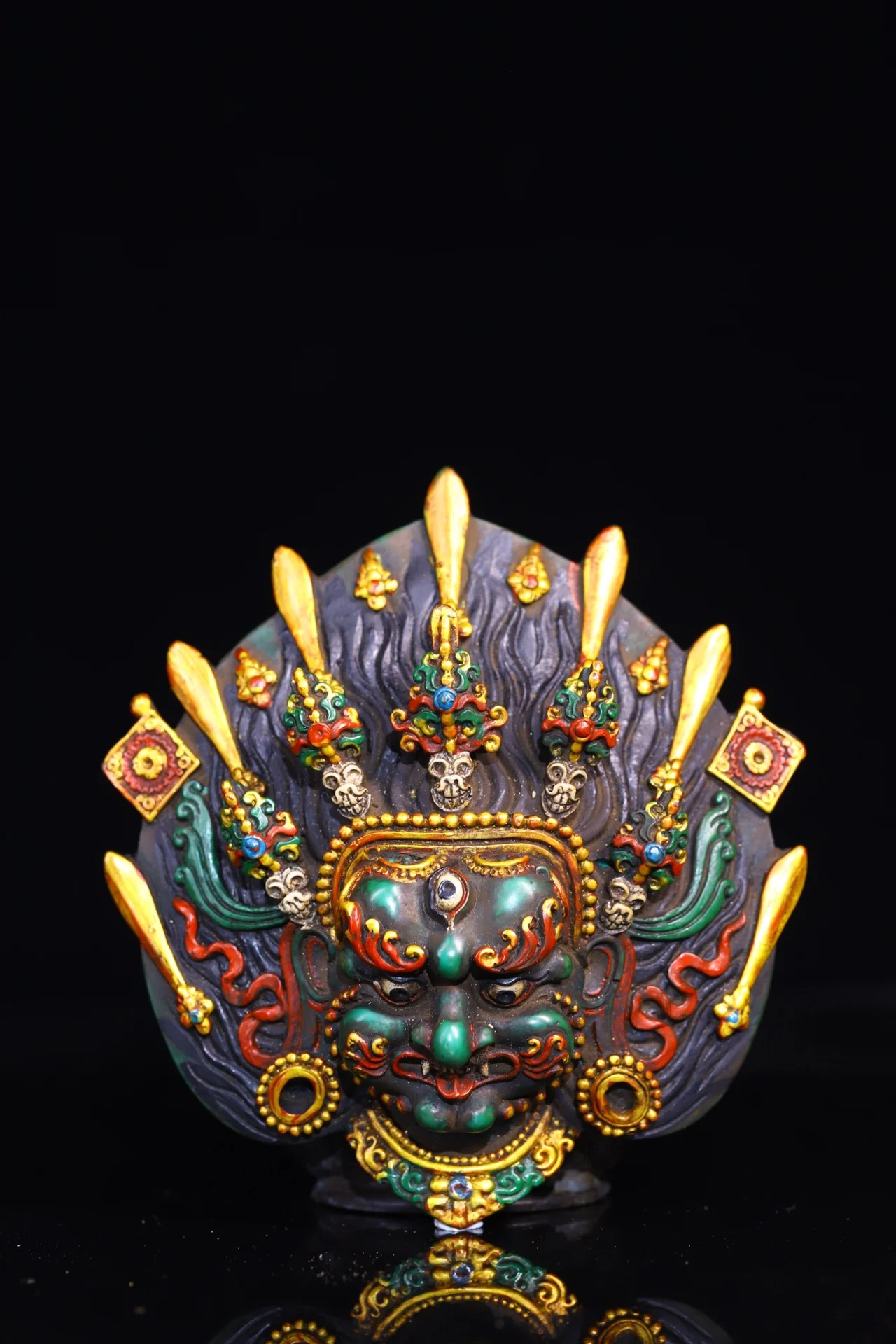 

6"Tibetan Temple Collection Old Outline in gold lacquerware Painted Vajra Buddha Head Mask Amulet pendant Dharma Town House