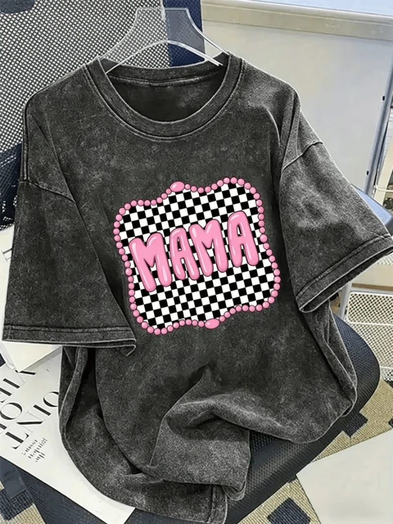 Checkered MAMA Bubble Letter Graphic T-Shirt, Oversized Retro Washed Tee for Women Travel Daily Vacation Casual Street Outfits
