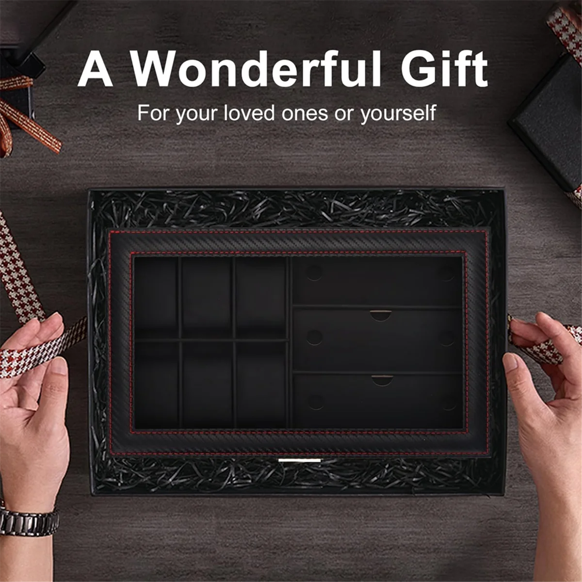 Коробка для часов T35C, мужская шкатулка для драгоценностей с 6-слотовым футляром для часов и 3-слотовым органайзером для солнцезащитных очков, 2-слойный запираемый держатель для часов