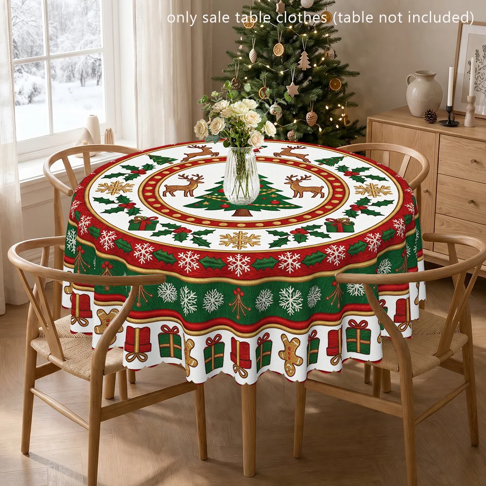 Christmas tree, Santa reindeer gingerbread gift, round table cover, suitable for indoor and outdoor use