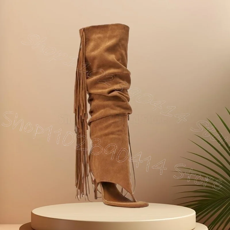 

Brown Suede Tassels Flip Flop Sandals Boots Back Zipper Women Shoes Thin High Heels New Party Banquet 2026 Zapatos Para Mujere
