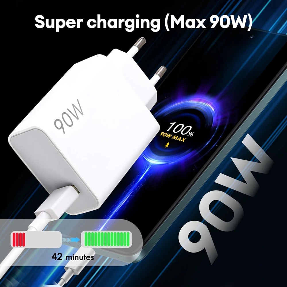 90W EU Ultra Fast Charger For Xiaomi 11 12 13 14 15 Ultra 17 Redmi Note 11 12T 13 POCO X6 X7 Pro Type C USB Turbo Charging Cable