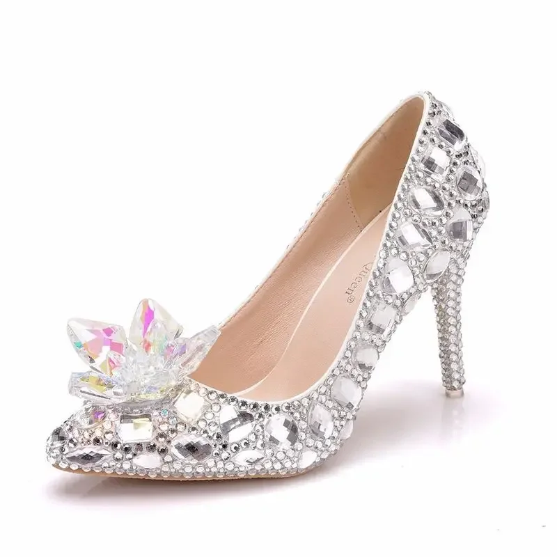 Zapatos de tacón fino con diamantes de imitación para mujer, calzado de boda con diamantes de imitación, cristales, flores, punta estrecha, 9CM, gran oferta