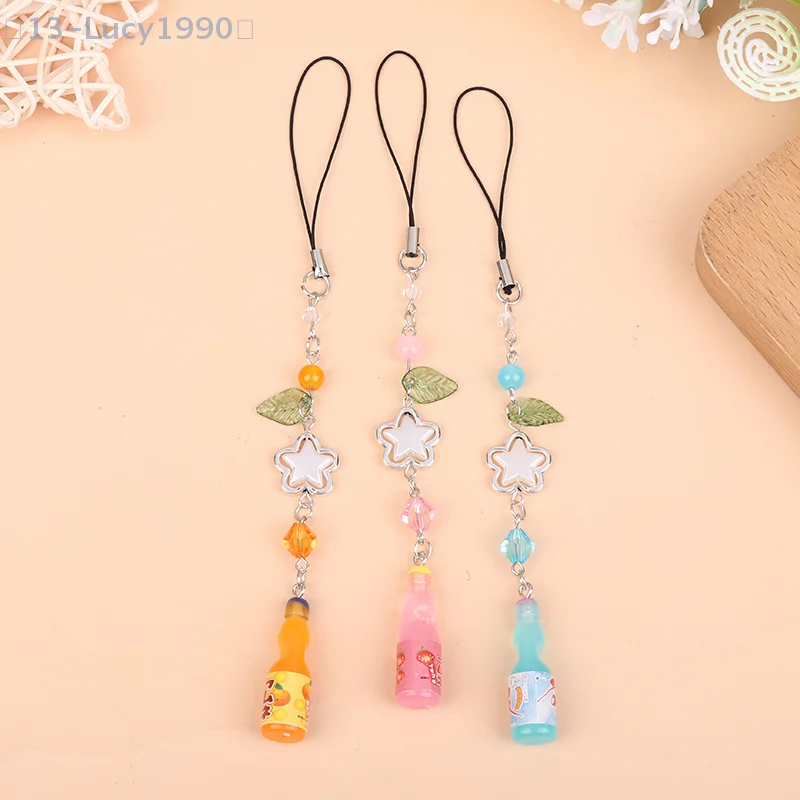 Cute Phone Charm Soda Bottle Y2K Five-pointed Star Beaded Small Pendant Earphone Mobile Phone Chain CCD Camera Chain Handmade