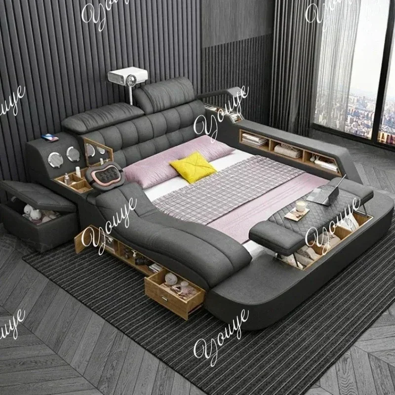 Nordic Smart Modular Double Bed Master Storage Luxury Designer Double Bed Multifunctional Leather Camas Matrimonial Furniture