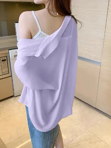 

Women's Ice Silk Thin Sun Protection Shirt Summer Loose Breathable Long Sleeve Collar Open Cardigan Style Outerwear