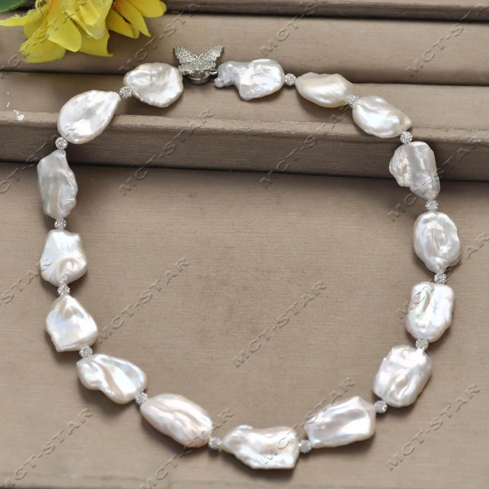 

MCT·STAR A+ High-quality Luster 17" 25mm White Baroque Lamina Keshi Pearl CZ Bead Necklace Magnetic Butterfly （Z14523）