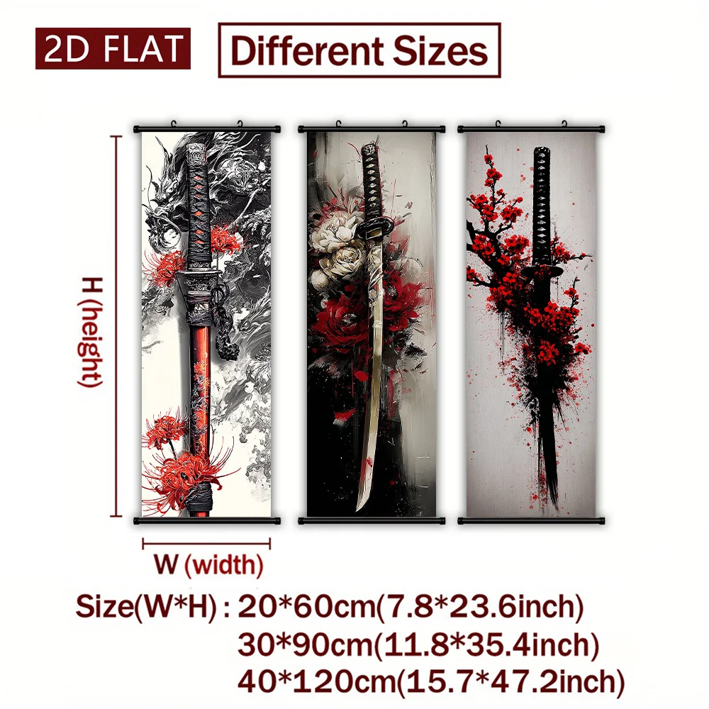 VIKAMA Ink Splash Samurai Katana Sword 3 Panel Hanging Painting Wall Art Scroll Japanese Canvas Art Print Decor