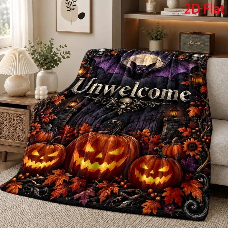 Halloween Castle Pumpkin Bat Flannel Throw Blanket, Dark Gothic Moon Leaf Print Soft Warm Blanket for Sofa Bed Home Decor