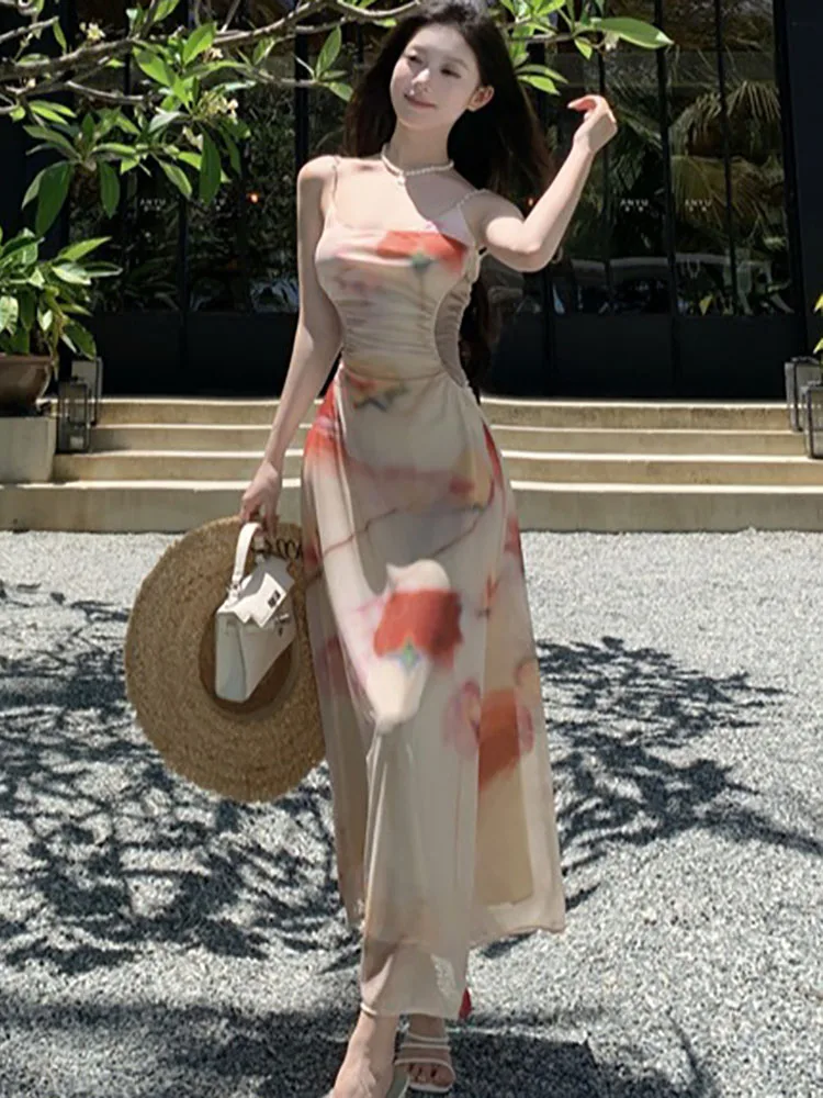 Summer Pink Print Mesh Chic V-Neck Sling Dress Women Elegant Casual Home Dress 2026 Korean Fashion Bodycon Luxury Evening Dress