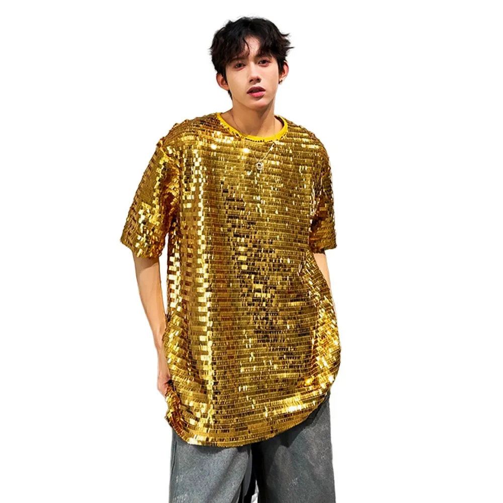 Reflective Show Sequins T-shirts Gold Silver Sequin Loose Short Sleeve Tees Male Hip Hop Jazz Dance Team Stage Performance Tops