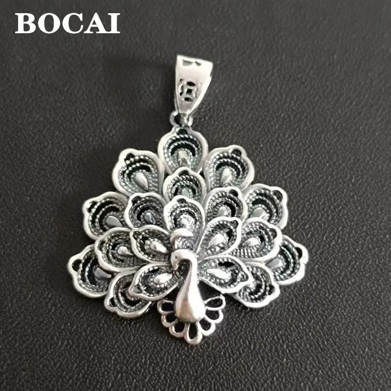 BOCAI S990 Sterling Silver Pendant for Women Men New Fashion Argentum Wire Inlaid Peacock Flaunting Tail Jewelry Wholesale