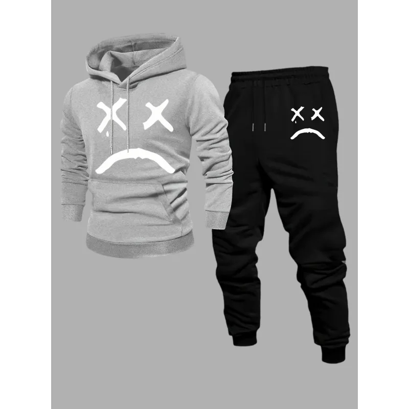 Men Hooded pullover sweatshirt with drawstring long pants is suitable for outdoor cycling and mountaineering apparel Daily Wear， view 4