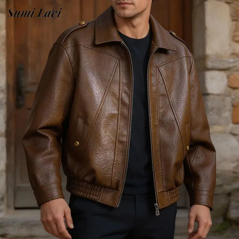 Trendy Mens Textured PU Jacket Coat Fall Winter New Casual Solid Color Leather Coats Men's Outdoor Fashion Zip-up Lapel Jacket