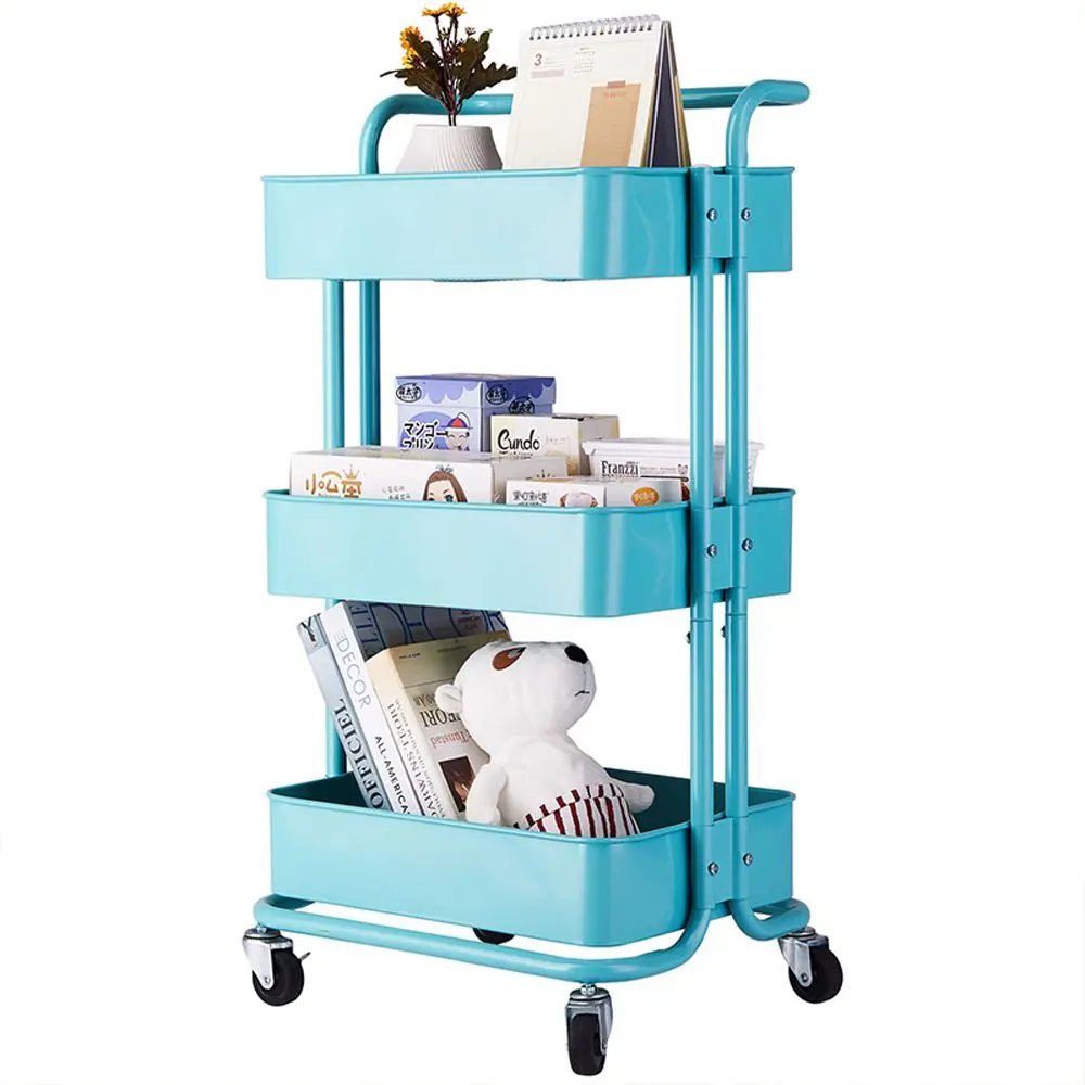 Three-layer household kitchen storage cart with handle, suitable for use in kitchen, living room and bedroom