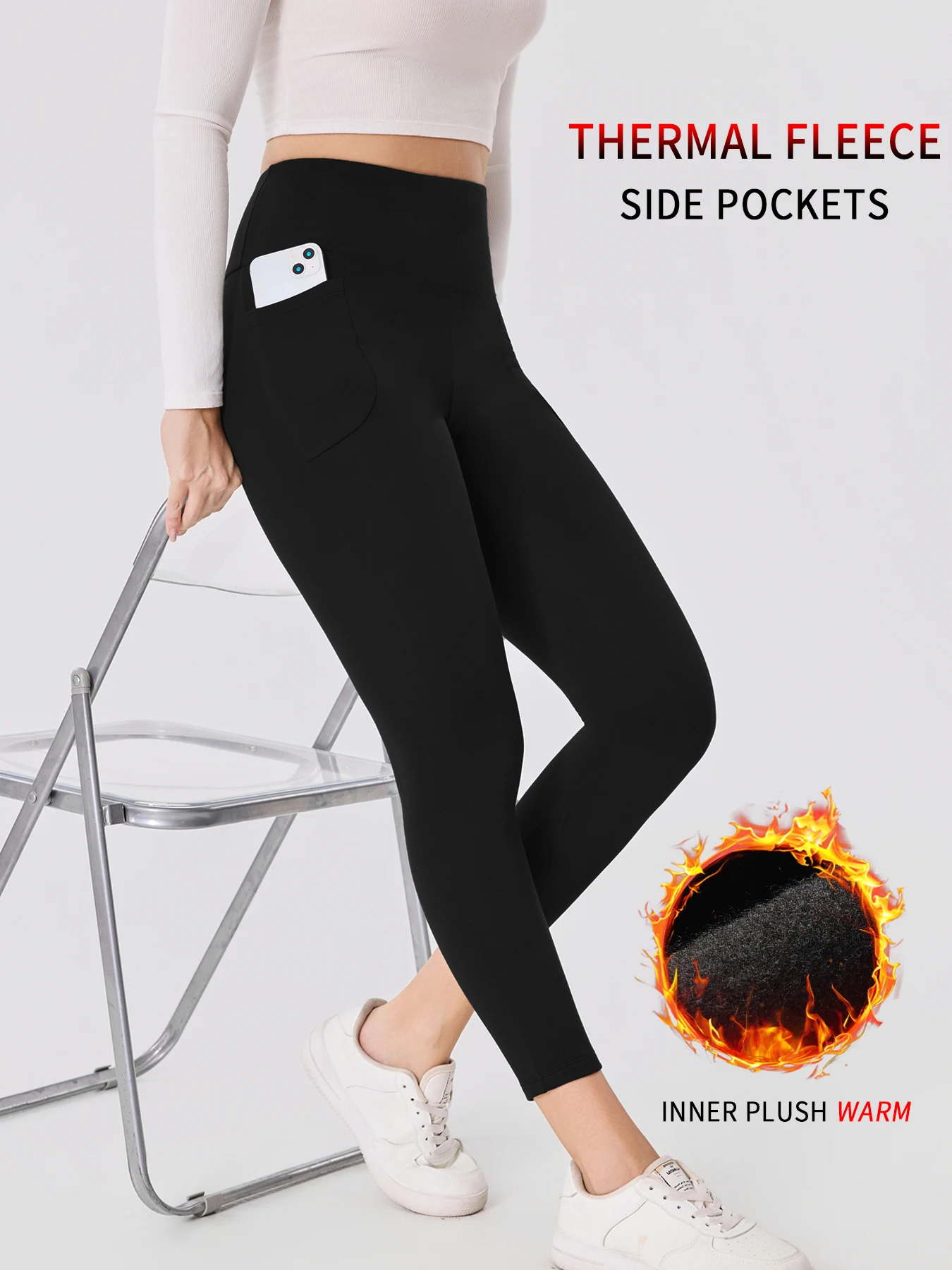 

Womens Thermal Fleece Lined Leggings with pockets ,High Waisted Tummy Control Workout Winter Warm Thick Tights Pants