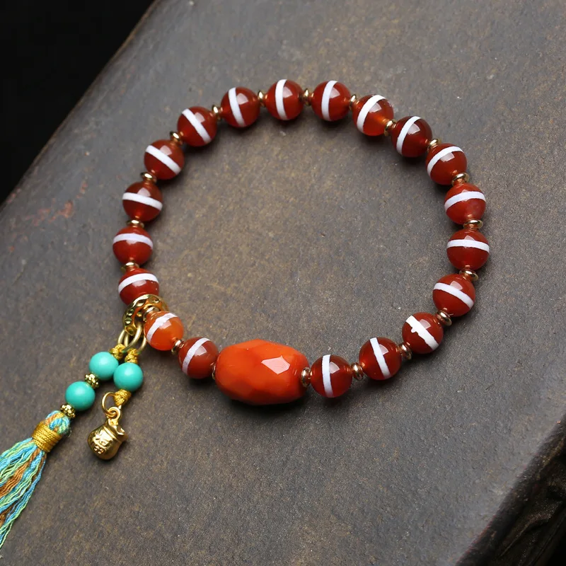 Natural Western Zhou agate inlaid with eroded thread bead bracelet single circle, southern red and black obsidian, Pixiu Tianzhu