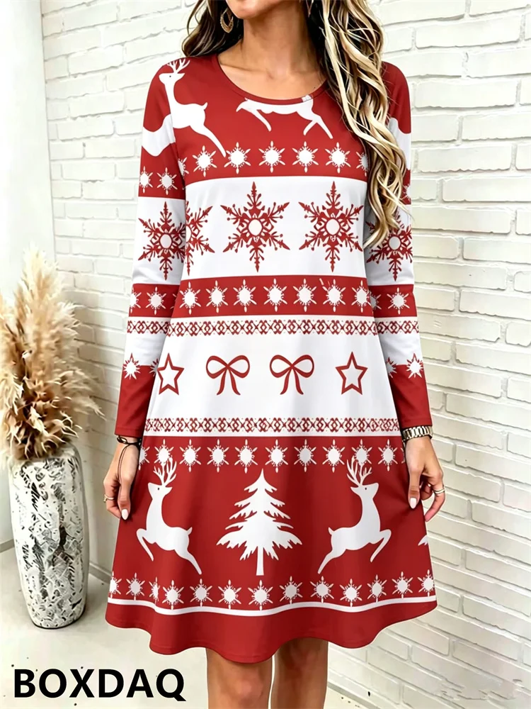 Autumn Women's Dresses Casual Funny Santa Claus Long Sleeved Round Neck Christmas Themed 3D Printed Loose Party Dress 2027 New