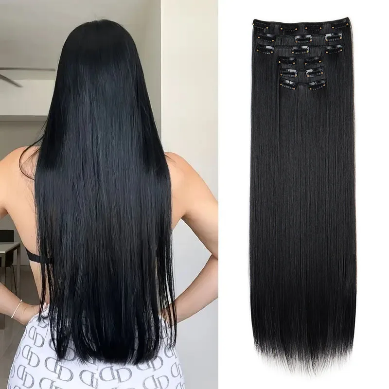 Synthetische 24 Zoll lange gerade 16 Clips unsichtbare Haarverlängerung hitzebeständige Faser-Haarteile für Frauen