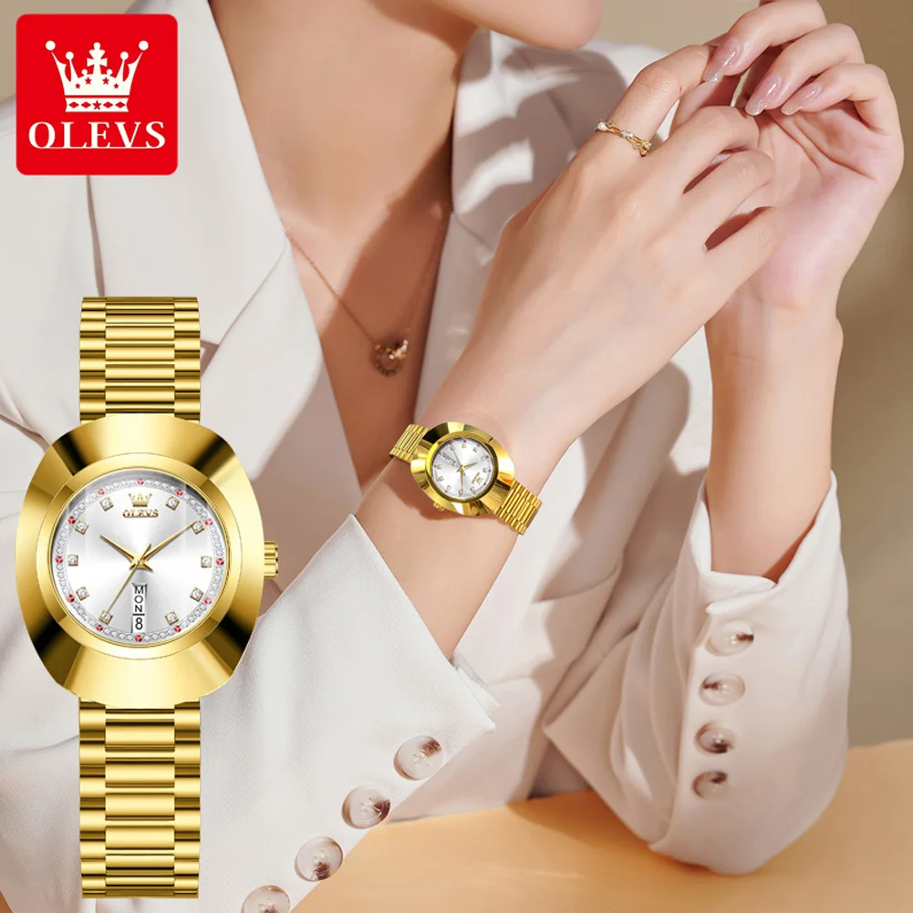 OLEVS 7017 Golden Tungsten Steel Case Luxury Quartz Watch for Women Fashion Diamond Scale Auto Date Waterproof Ladies Wristwatch