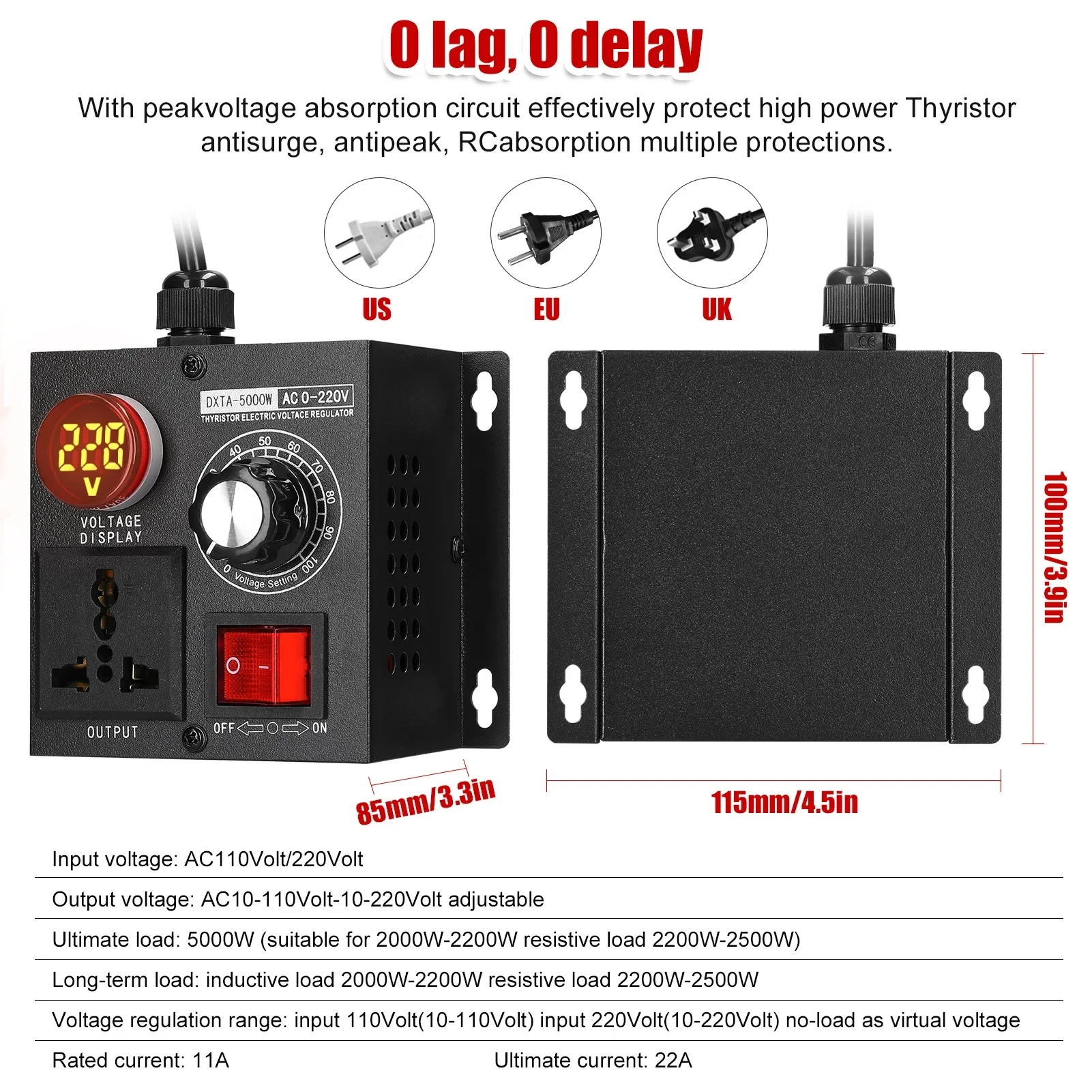 Bezstopniowy regulator napięcia AC 0-200 V 4000 W Przenośny regulator napięcia monofazowego z regulatorem prędkości światła cewki z czystej miedzi