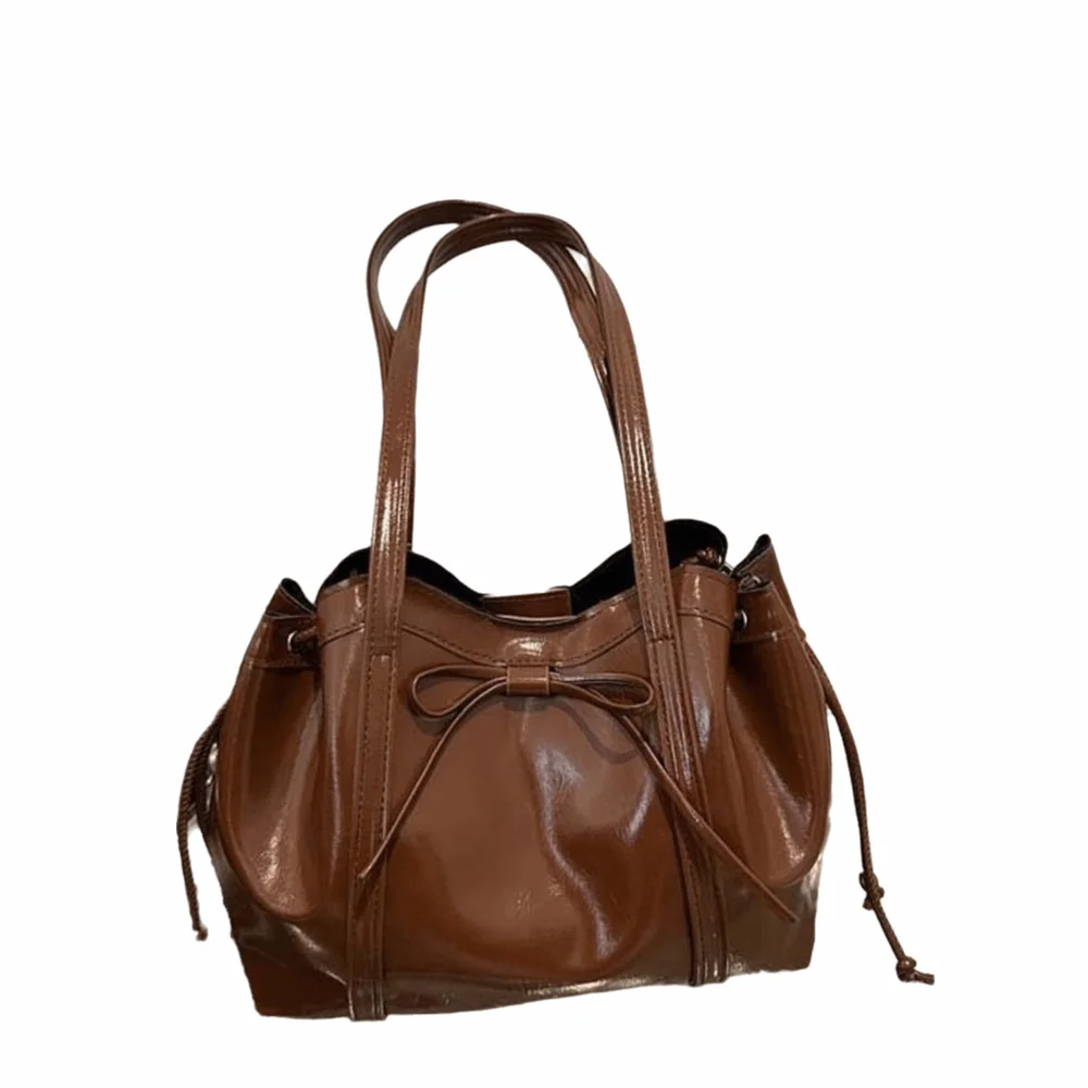 

Solid Color Texture Tote Bag Ribbon Magnetic Button Bow PU Shoulder Bag Large Capacity Korean Style Lady Underarm Pouch Work