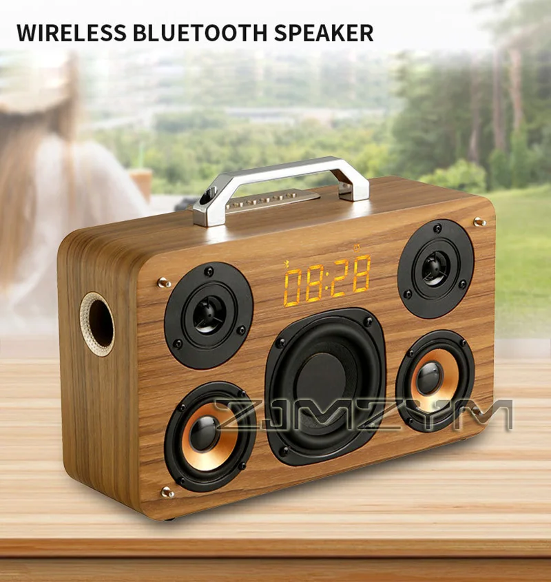 

Портативный деревянный Bluetooth-динамик, мощный уличный караоке с мобильным телефоном, U-диском, TF-картой, микрофоном, сабвуфером