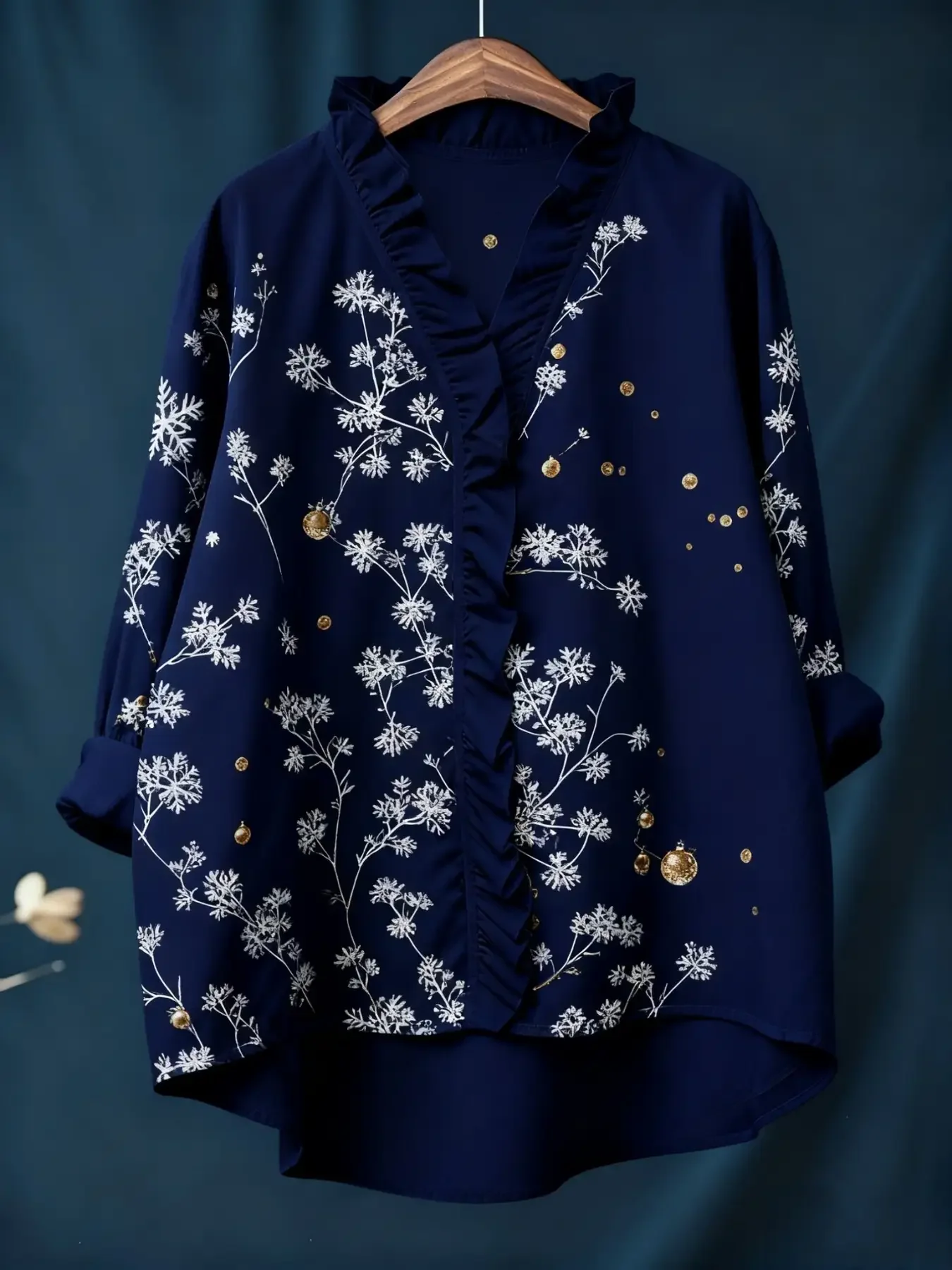 2026 new women's printed long sleeved shirt with ruffled collar, Holiday shoppers, curvaceous women