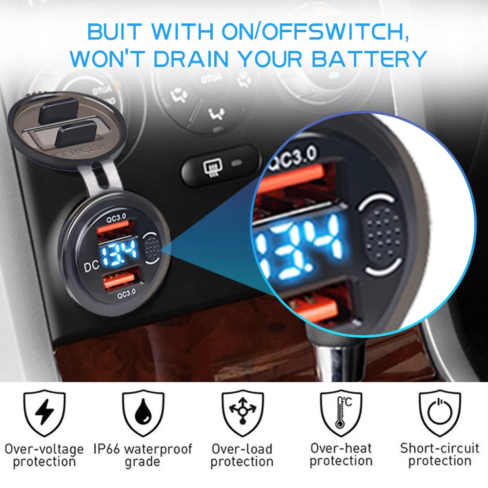 Dual QC3.0 Car Charger Cigarette Lighter Socket Waterproof USB Fast Charge With Voltmeter Switch 12/24V Quick Charge Adapter