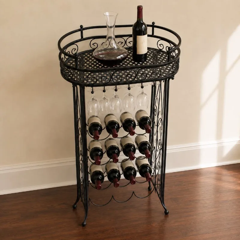 Retro roll grass pattern wrought iron wine rack table three-in-one floor-to-ceiling living room dining room red wine storage