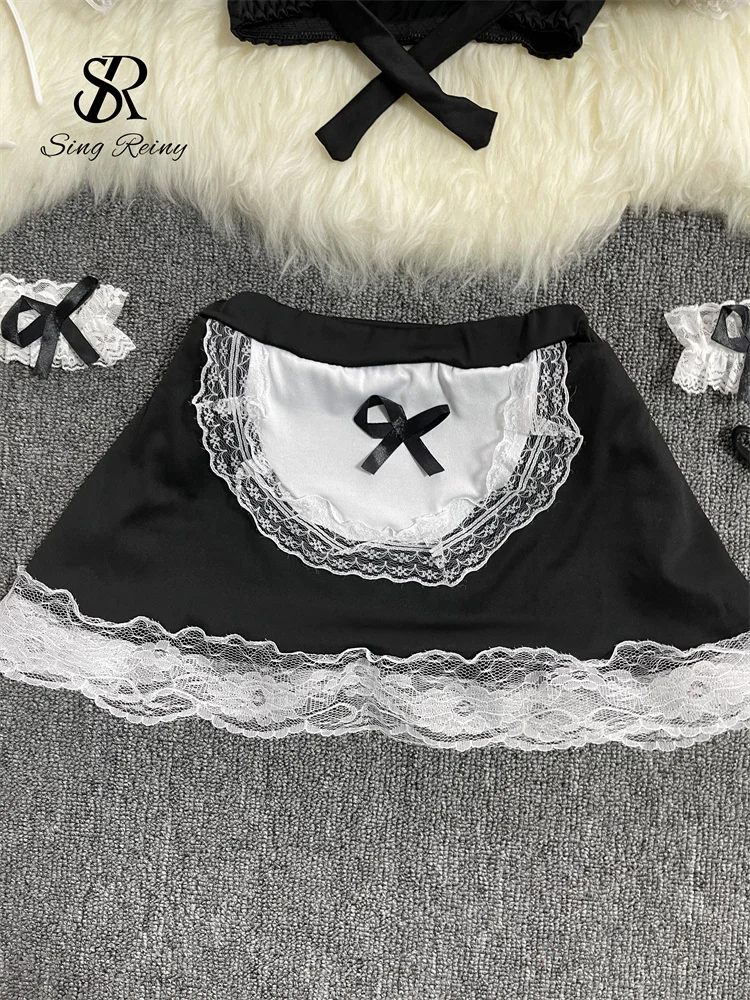 SINGREINY Ladies Amatory Maid Unform Sexy Suits V Neck Top+Short Skirt Lingerie Women Lace Spliced Cospaly Eroitc Skirt Suits