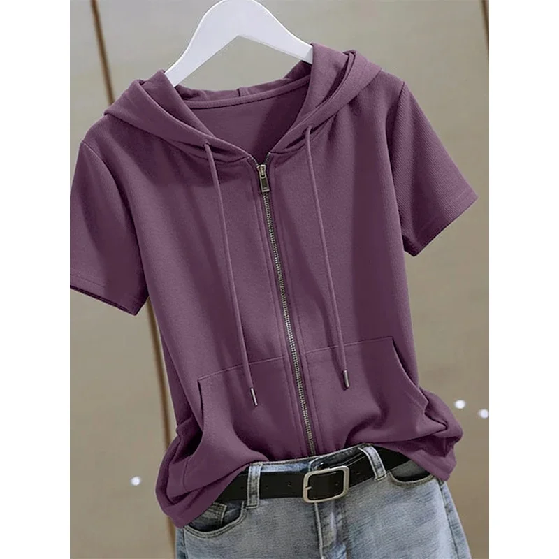 Women Summer Zip‑Up Short Sleeve Hoodie, Cotton Plus Size Loose Breathable Casual Cardigan Outerwear