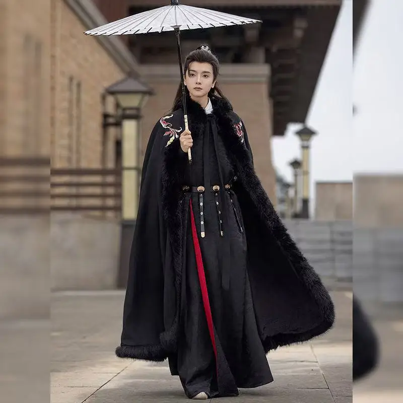 Original Men's Cloak Begonia Flower Embroidery Plush Collar Long Outer Robe Stylish Cool Swordsman Cape Thicken - Image 5