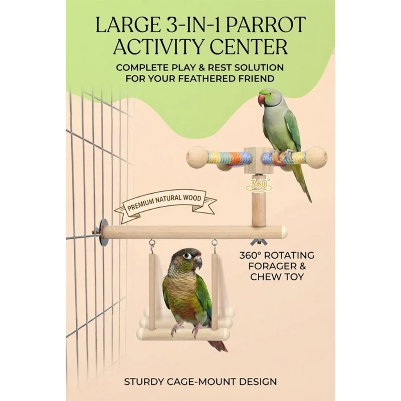 Hanging Bird Cage Toy for Pet Parrots, Wooden Perch and Swing Set with Rotating Top Bar, Rope Wrapped Texture for Grip, J0MC