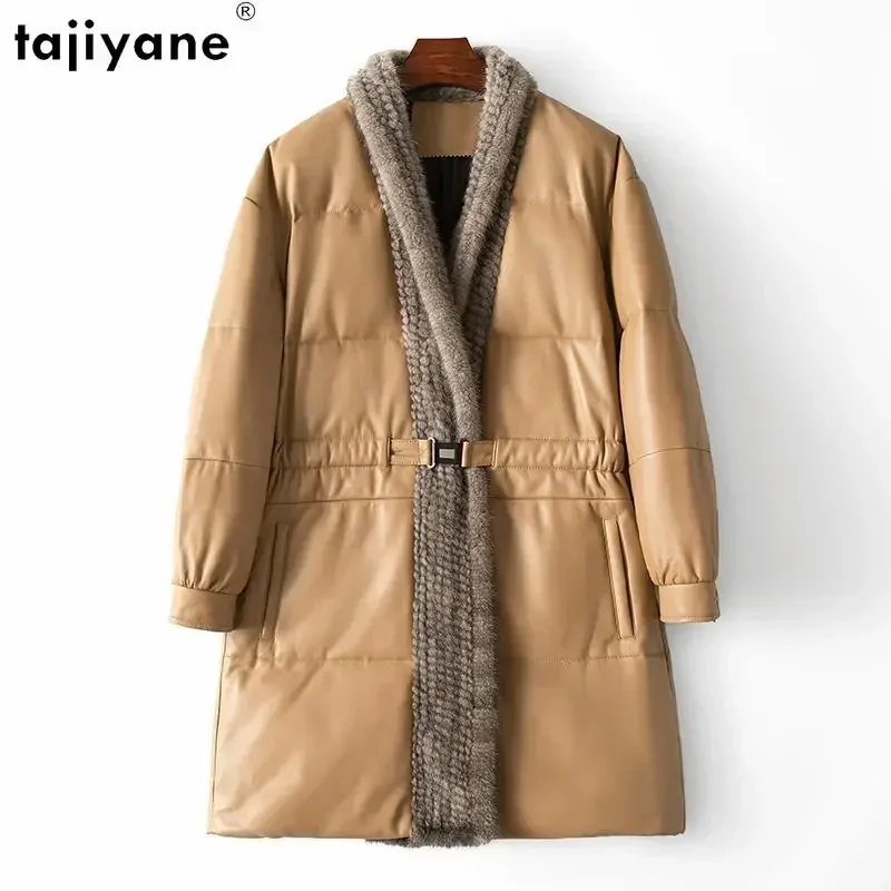 Tajiyane-Doudoune d'hiver en cuir véritable pour femme, manteau en duvet de canard blanc, peau de mouton véritable, col en fourrure de vison