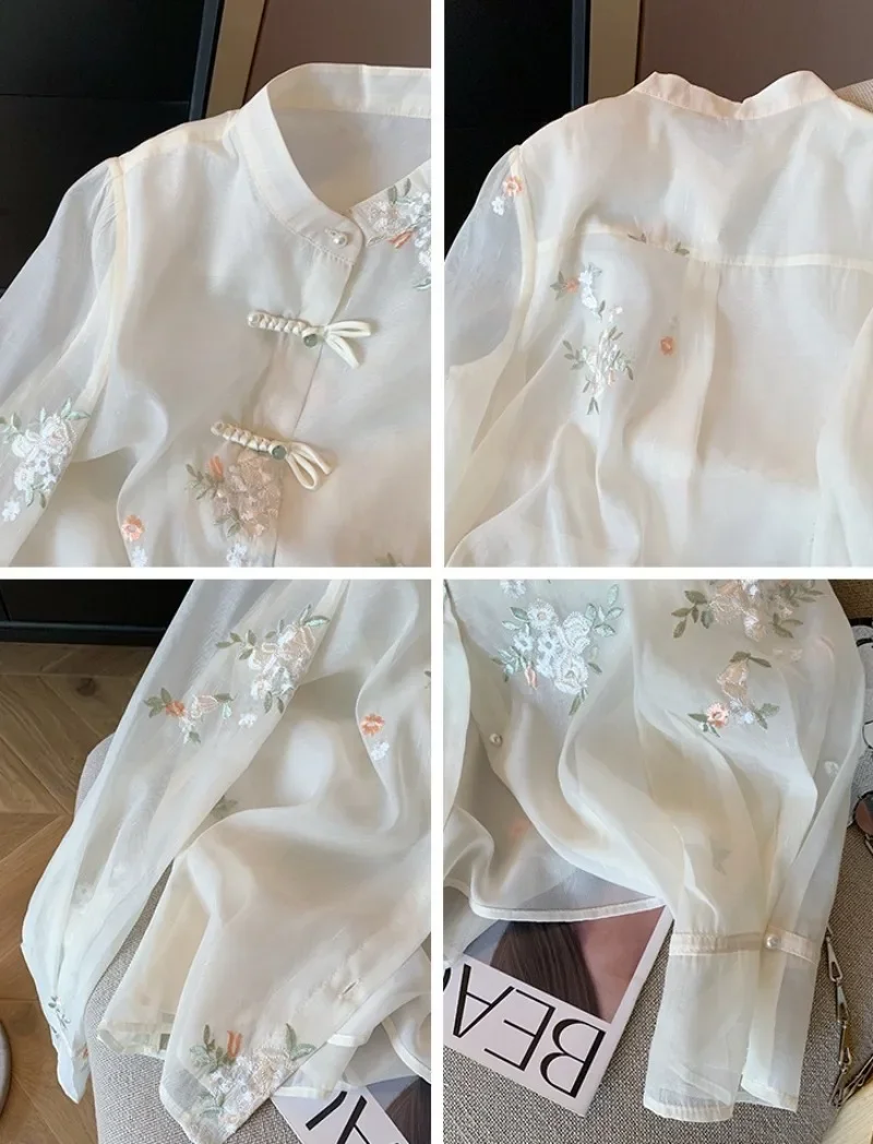 Women\'s Chinese Style Chiffon Blouses, Embroidery, Loose, Long Sleeves, Floral Clothing, Spring, Summer