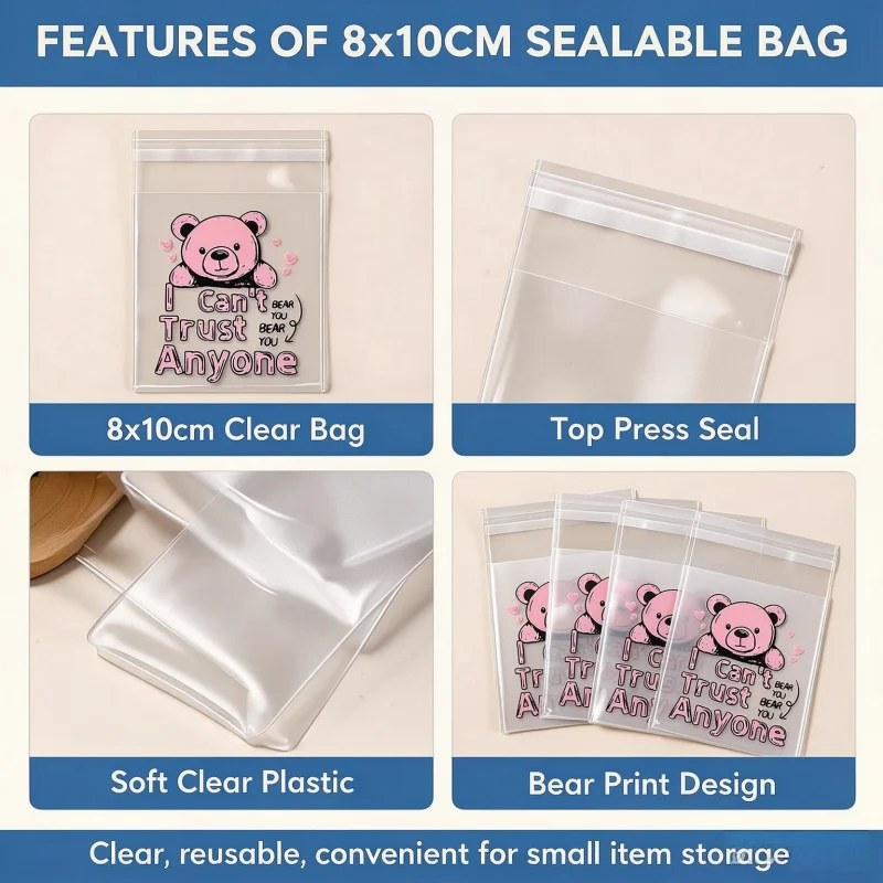 50pcs Clear OPP Self Adhesive Sealing Bag 8x10cm Kawaii Pink Bear Pattern Storage For Photo Card Badge Biscuit Gift Pouches