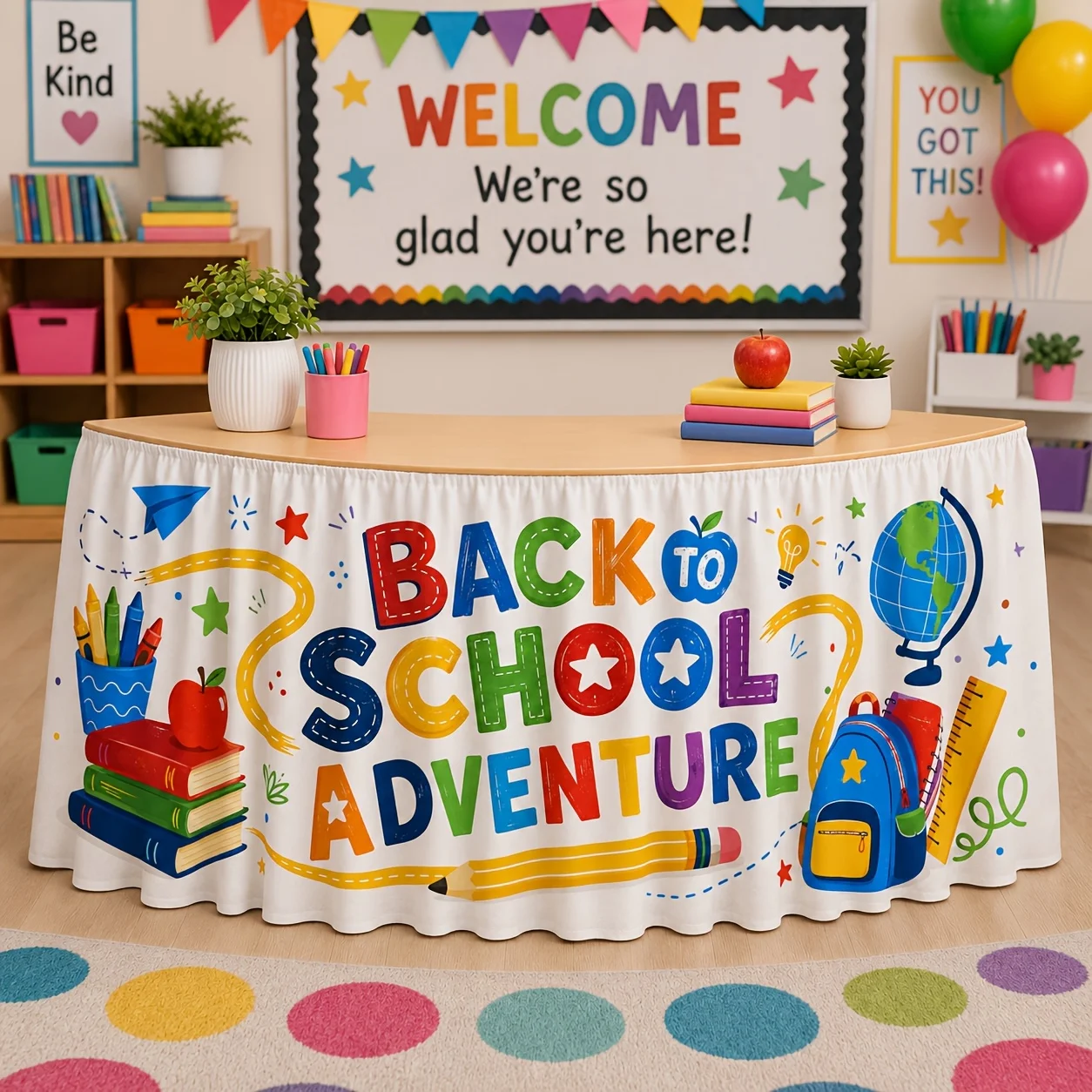 Party table skirt, 1 piece. Back-to-school adventure colorful book pencil backpack globe school-themed decorationxzj