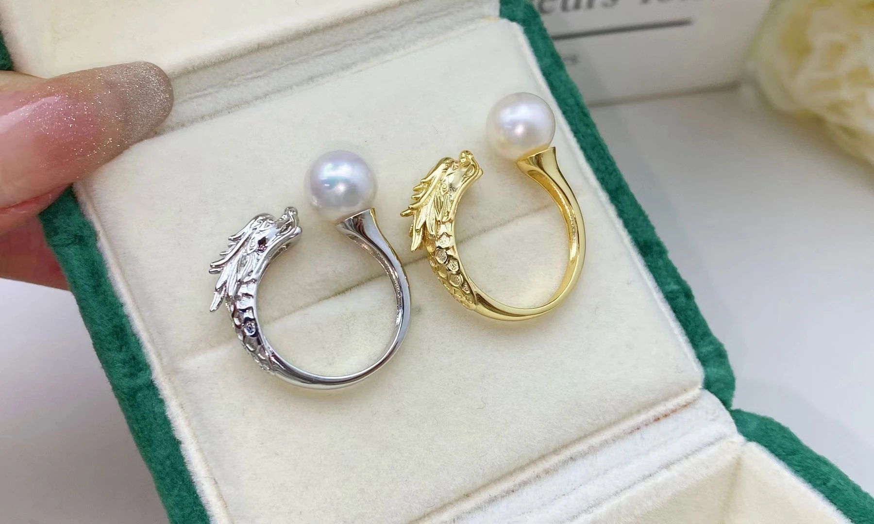 New Natural Pearl Ring AAA7-8mm Japanese Round Pearl Open Ring 925s