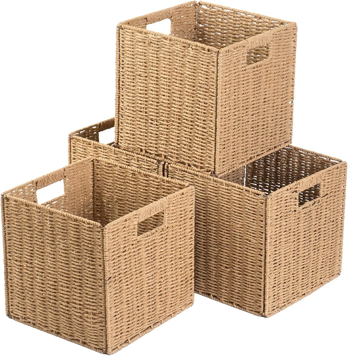 

Foldable Storage Cube Bins Set of 4, Natural Paper Woven Square Baskets, 11x11x11 Inches